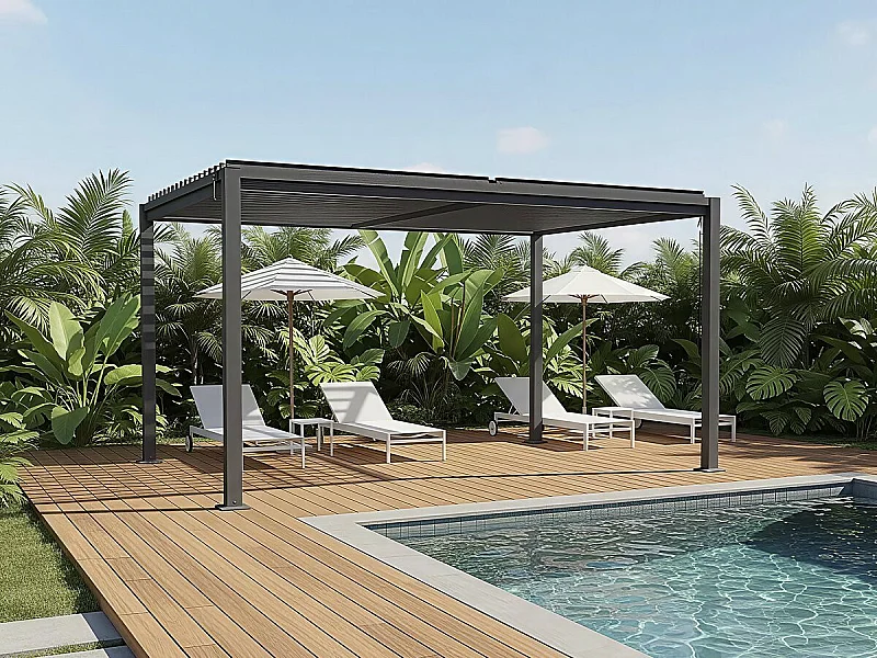 Bioclimatische pergola "Howard" met 3 gegalvaniseerde stalen lamellen - 3 x 4 m - Grijs