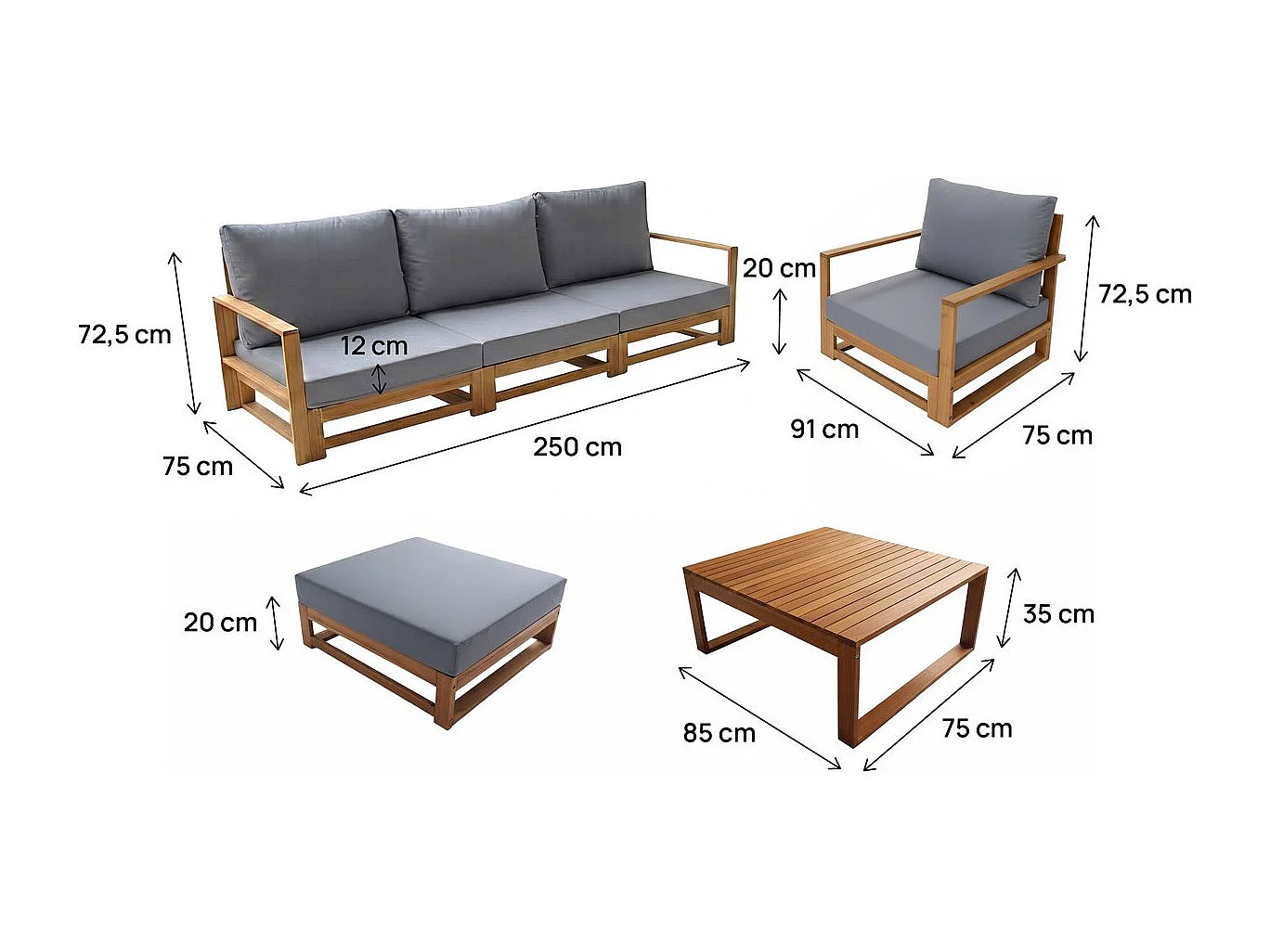 Salón de jardín para 5 personas Bellingham en madera de acacia gris con cojines gruesos y otomana versátil