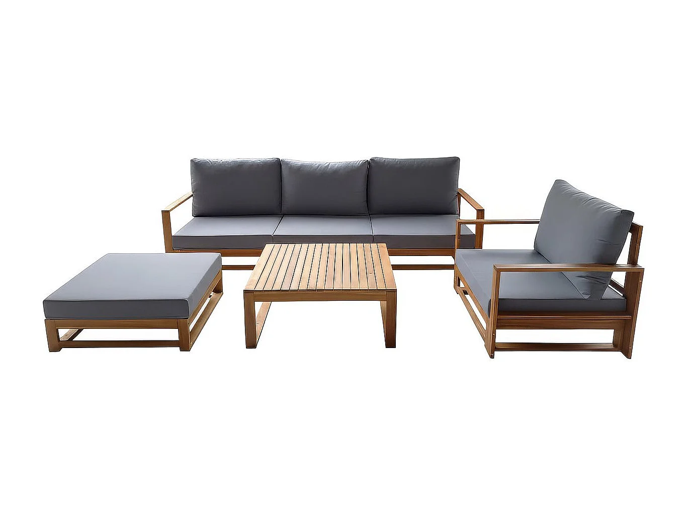 Zestaw mebli ogrodowych Bellingham na 5 osób z szarego drewna akacjowego z grubymi poduszkami i wielofunkcyjnym podnóżkiem