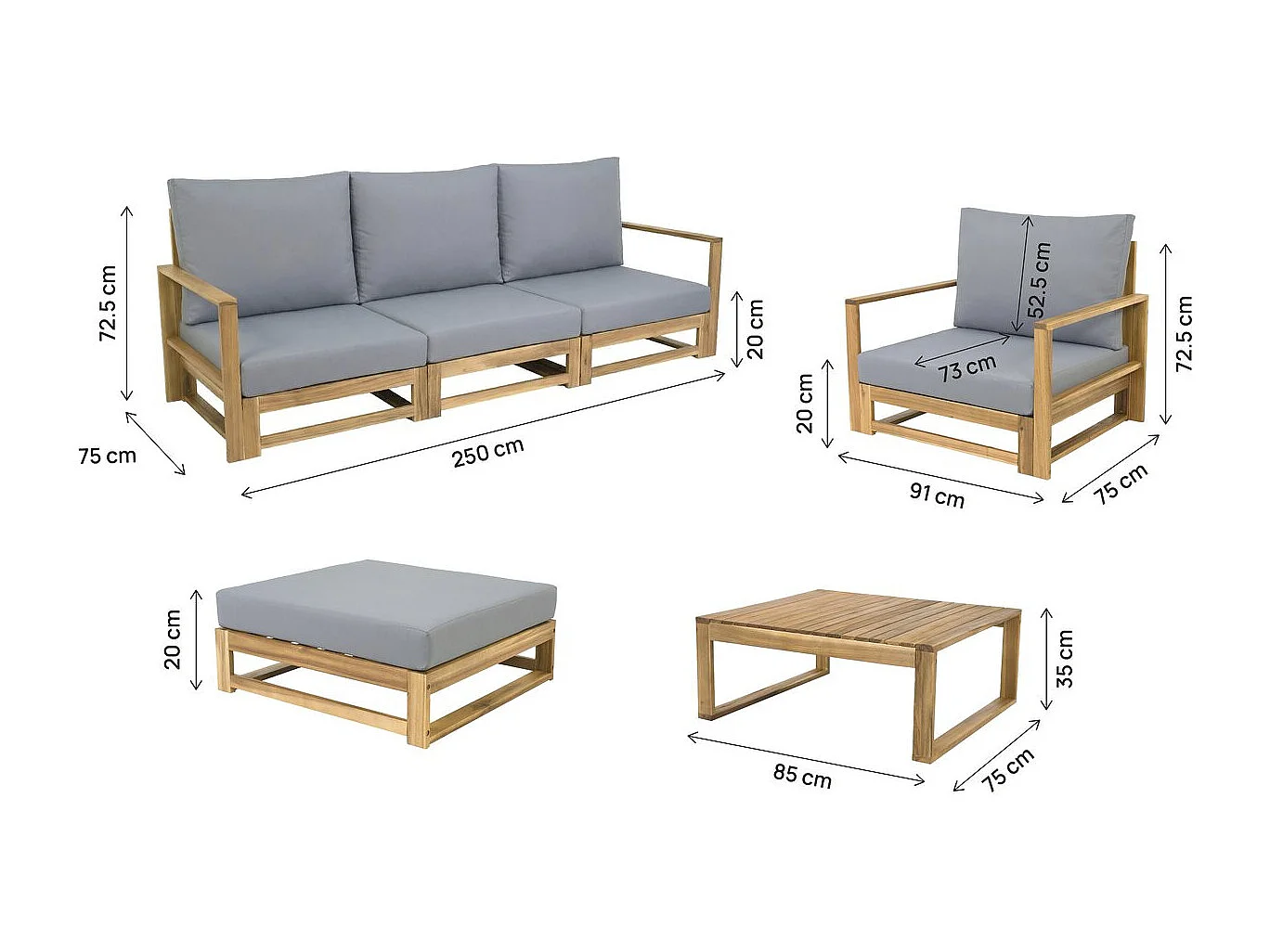 Zestaw mebli ogrodowych Bellingham na 5 osób z szarego drewna akacjowego z grubymi poduszkami i wielofunkcyjnym podnóżkiem