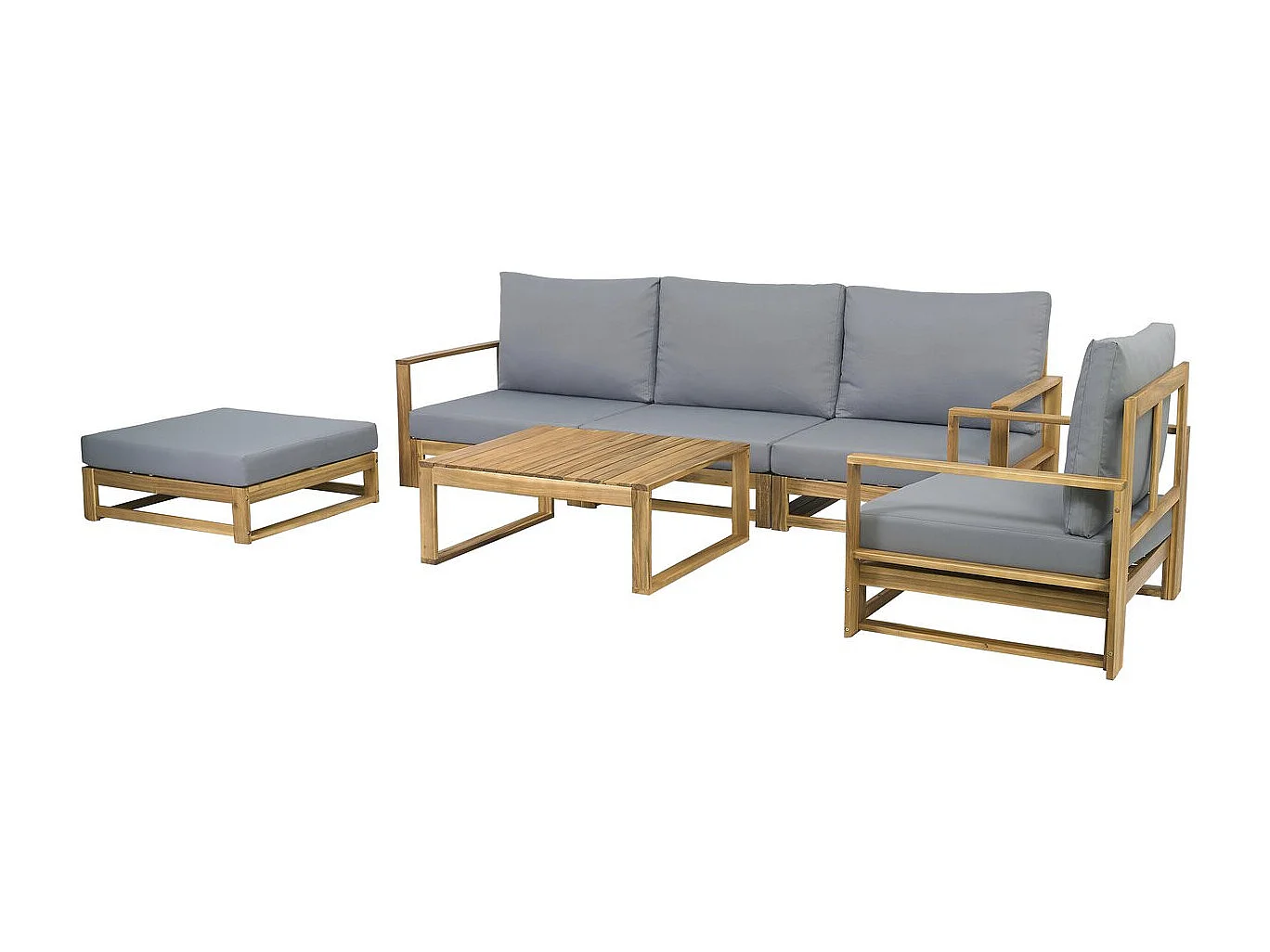Zestaw mebli ogrodowych Bellingham na 5 osób z szarego drewna akacjowego z grubymi poduszkami i wielofunkcyjnym podnóżkiem