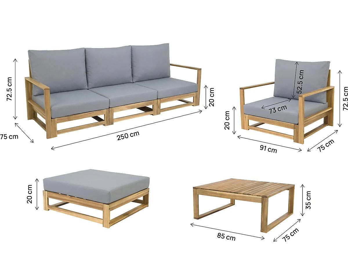 Salotto da giardino 5 posti Bellingham in legno di acacia grigio con cuscini spessi e pouf versatile