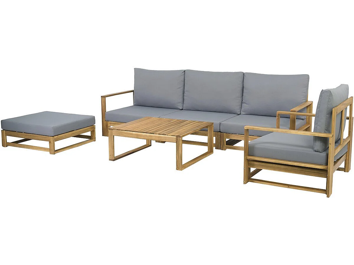 Salotto da giardino 5 posti Bellingham in legno di acacia grigio con cuscini spessi e pouf versatile