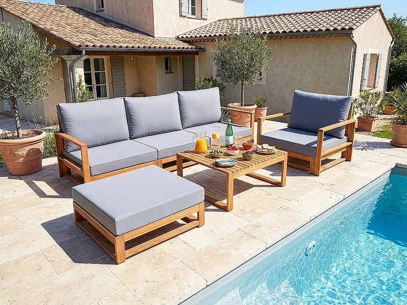 Salón de jardín para 5 personas Bellingham en madera de acacia gris con cojines gruesos y otomana versátil