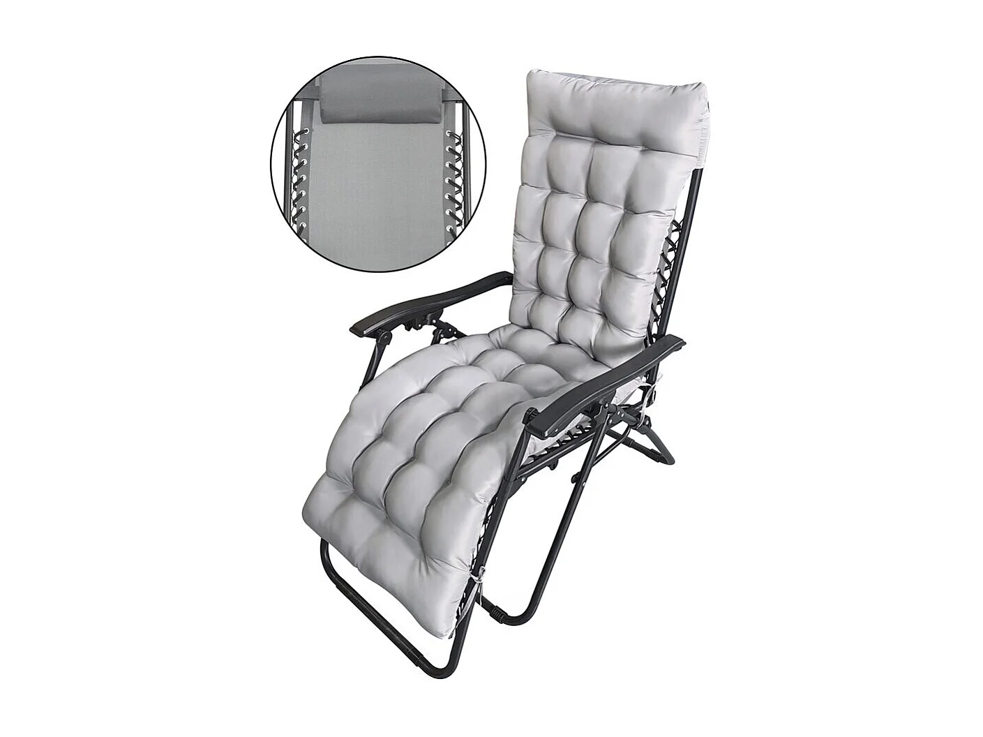 Fotel ogrodowy relaksacyjny zero grawitacji "Sintra" szary z pikowaną poduszką i wbudowanym uchwytem na kubek