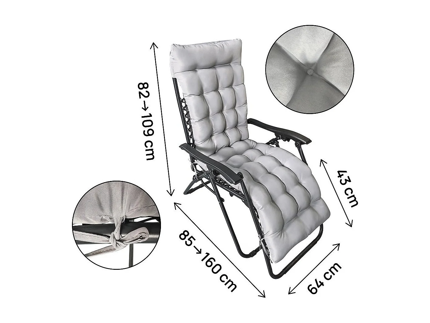 Fauteuil de jardin relax zéro gravité avec coussin matelassé "Sintra" - Noir