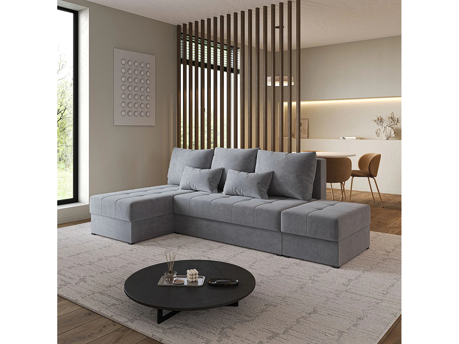 Hoekbank NORVI van fluweel met slaapfunctie Grau