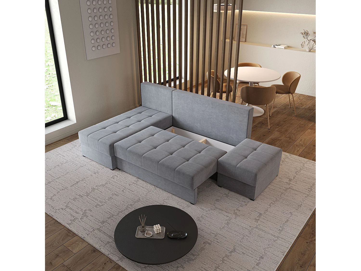 Hoekbank NORVI van fluweel met slaapfunctie Grau