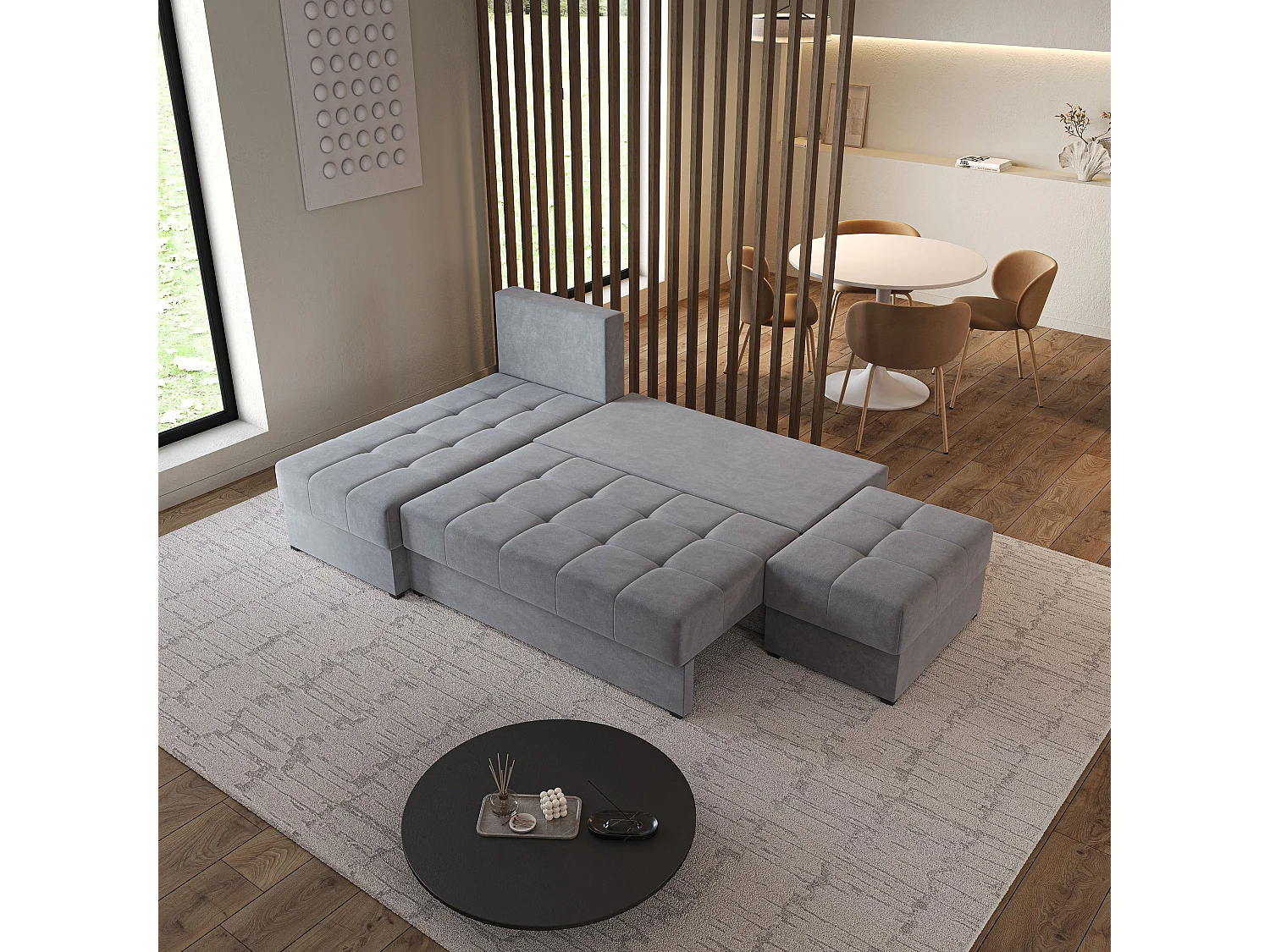 Hoekbank NORVI van fluweel met slaapfunctie Grau