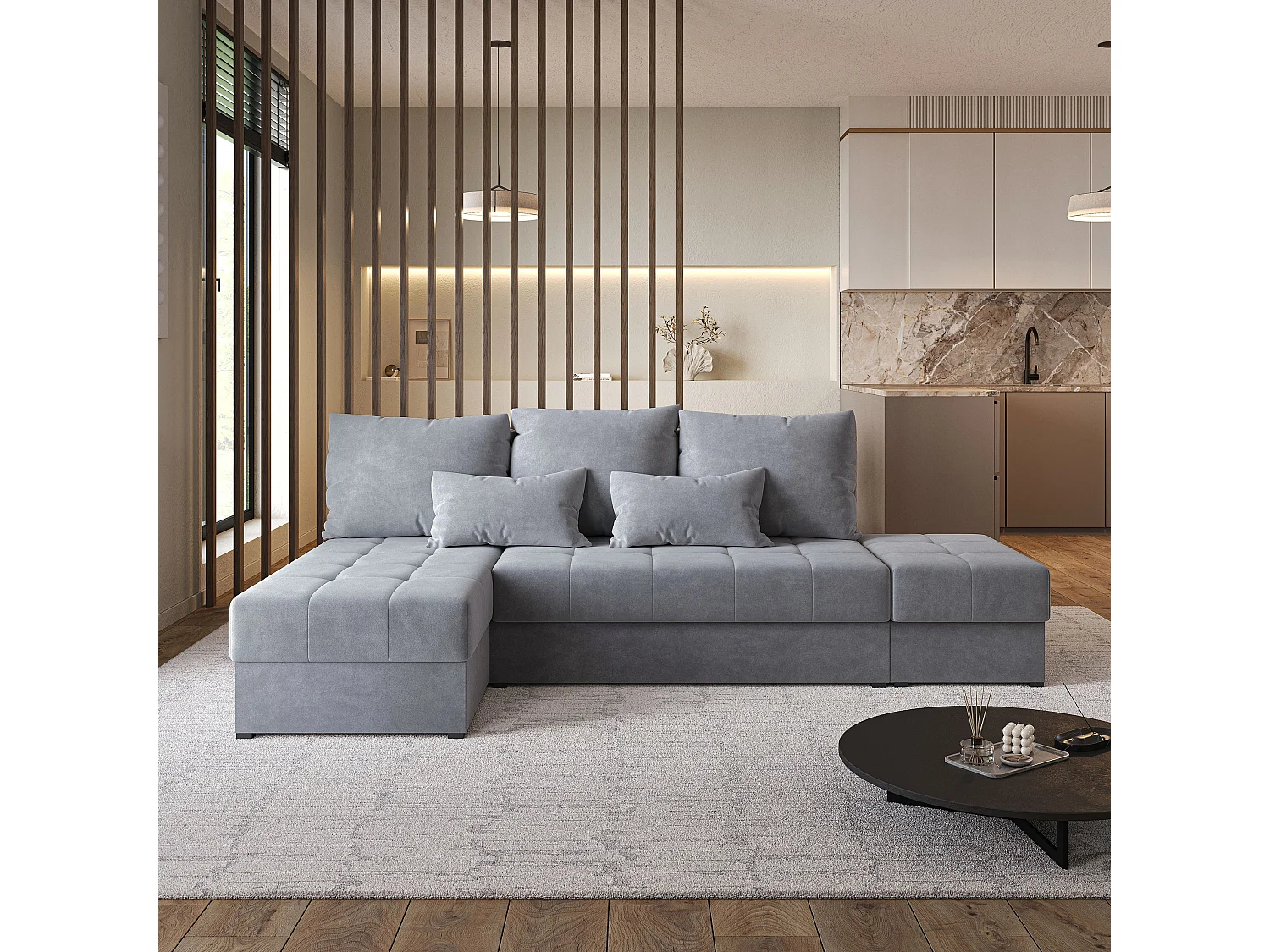 Hoekbank NORVI van fluweel met slaapfunctie Grau