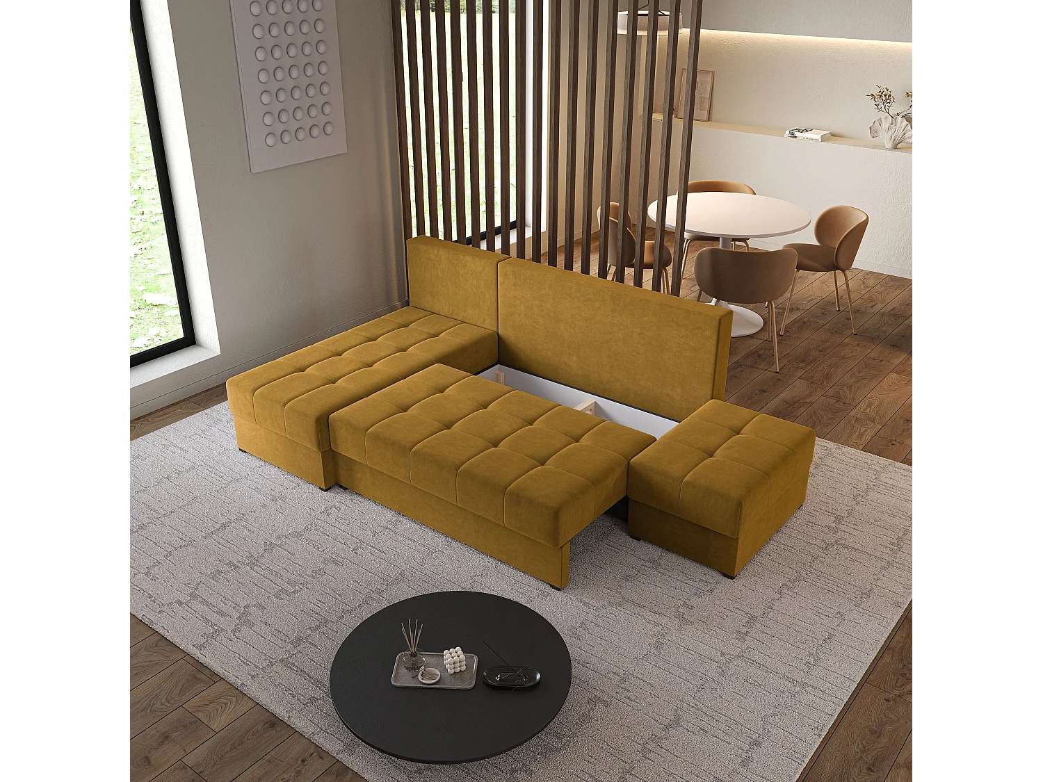 Hoekbank NORVI van fluweel met slaapfunctie Gelb