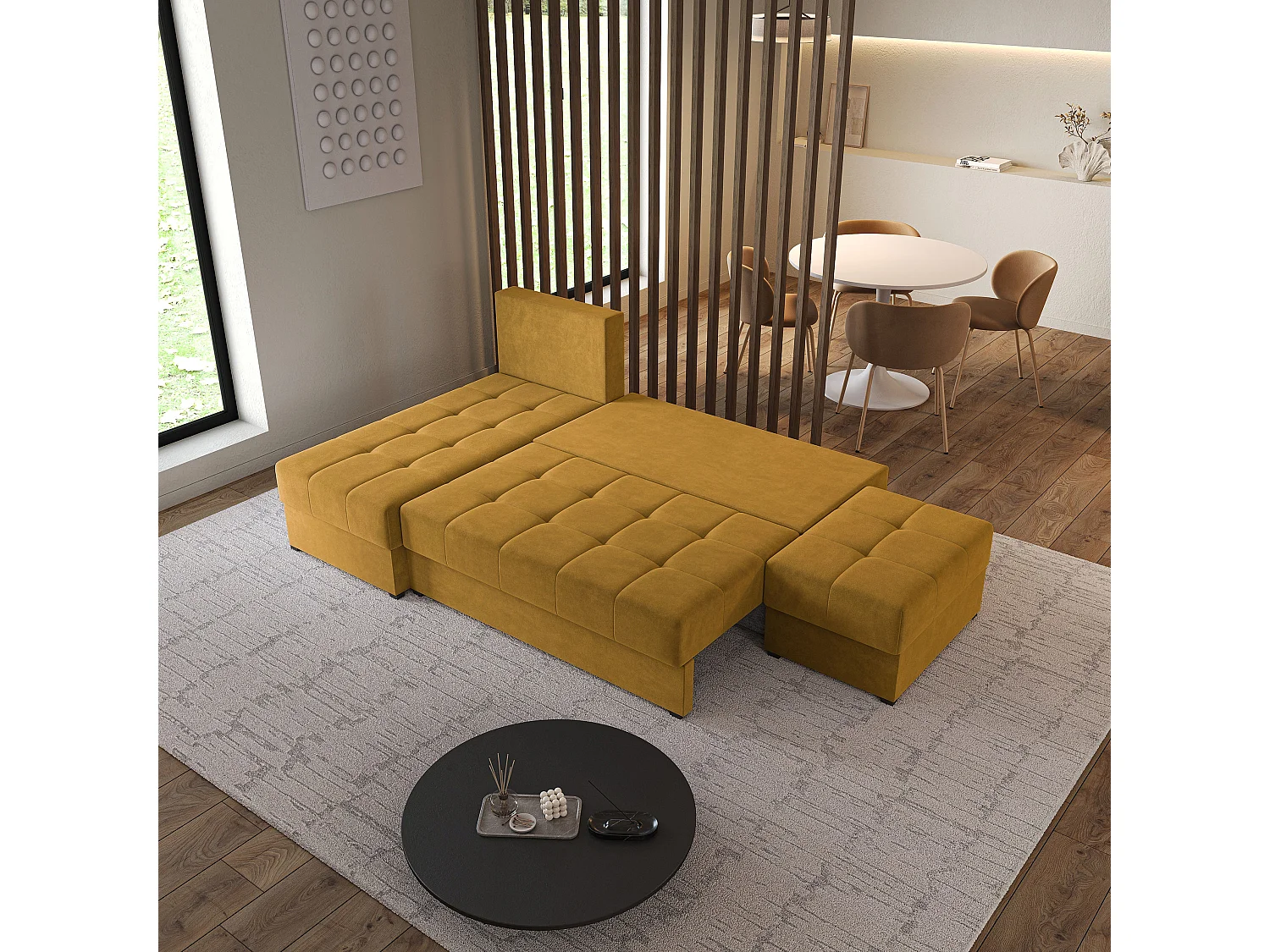 Hoekbank NORVI van fluweel met slaapfunctie Gelb