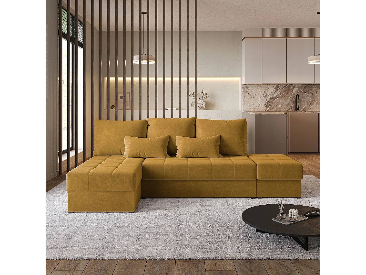 Hoekbank NORVI van fluweel met slaapfunctie Gelb