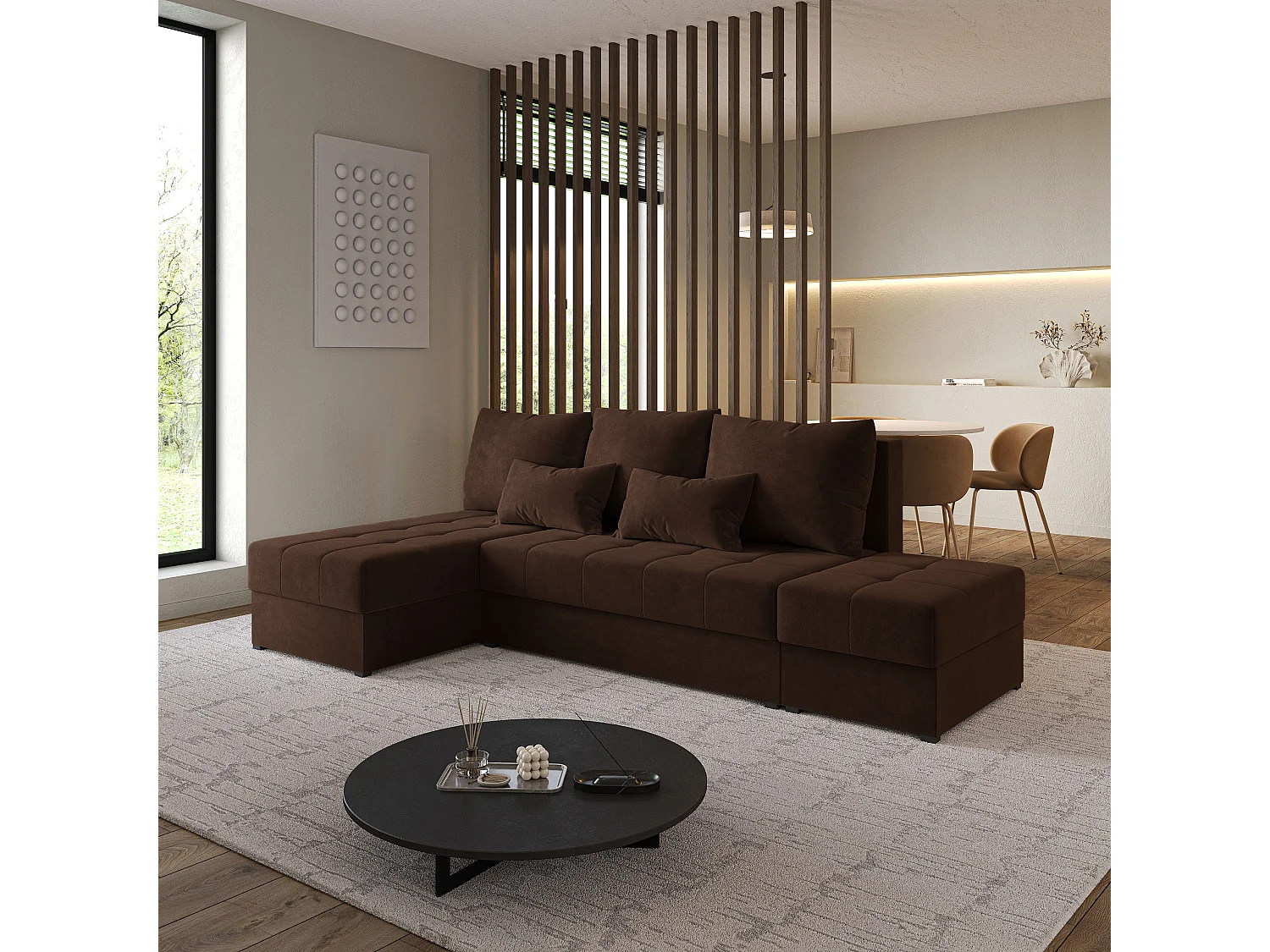 Hoekbank NORVI van fluweel met slaapfunctie Braun