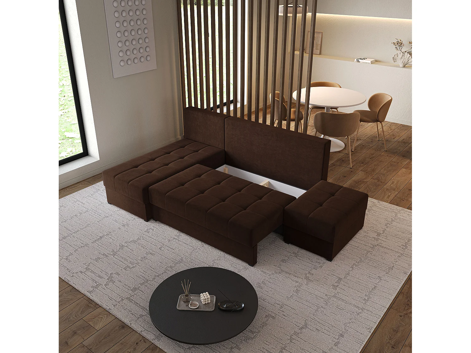 Hoekbank NORVI van fluweel met slaapfunctie Braun