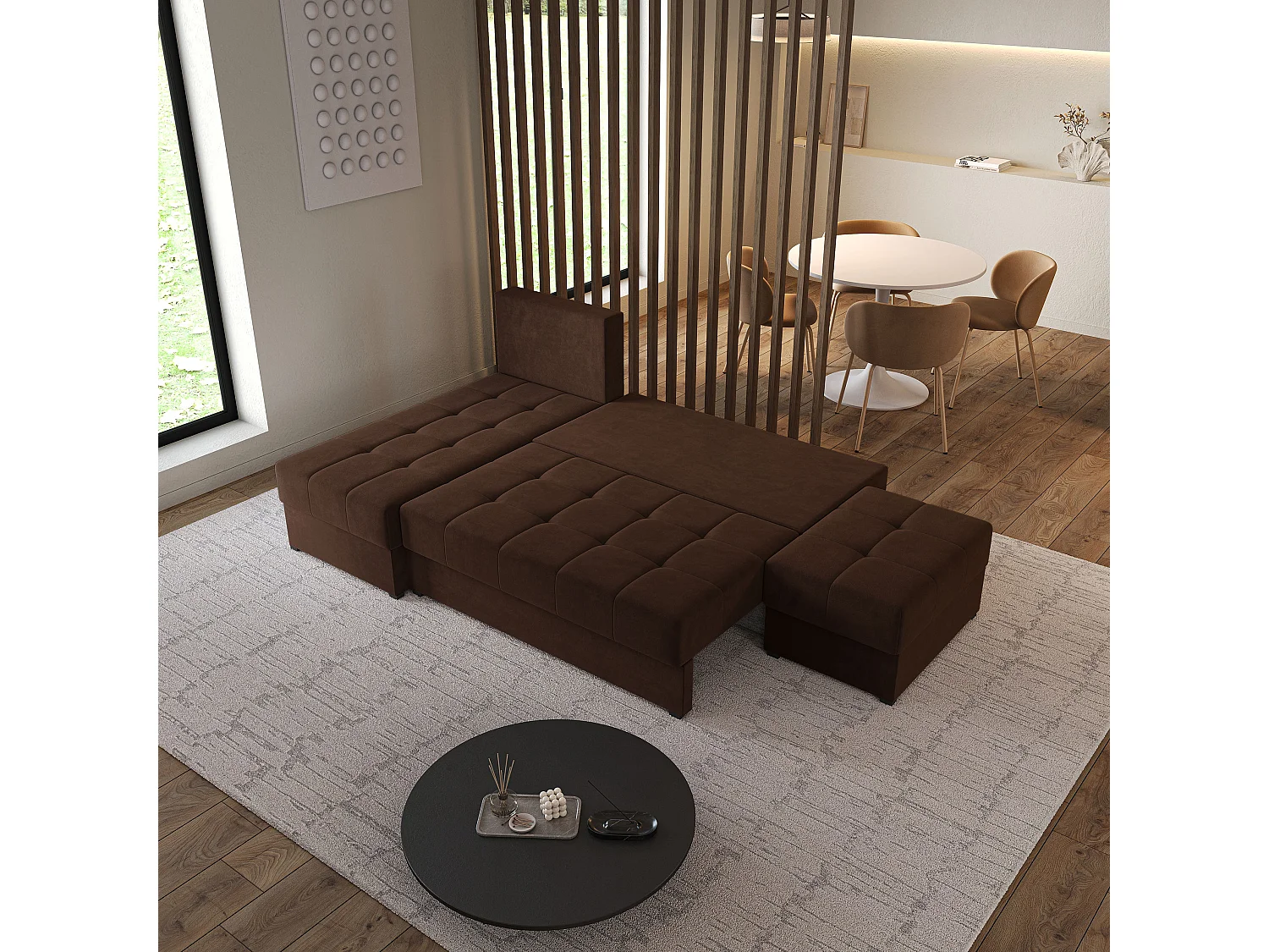 Hoekbank NORVI van fluweel met slaapfunctie Braun
