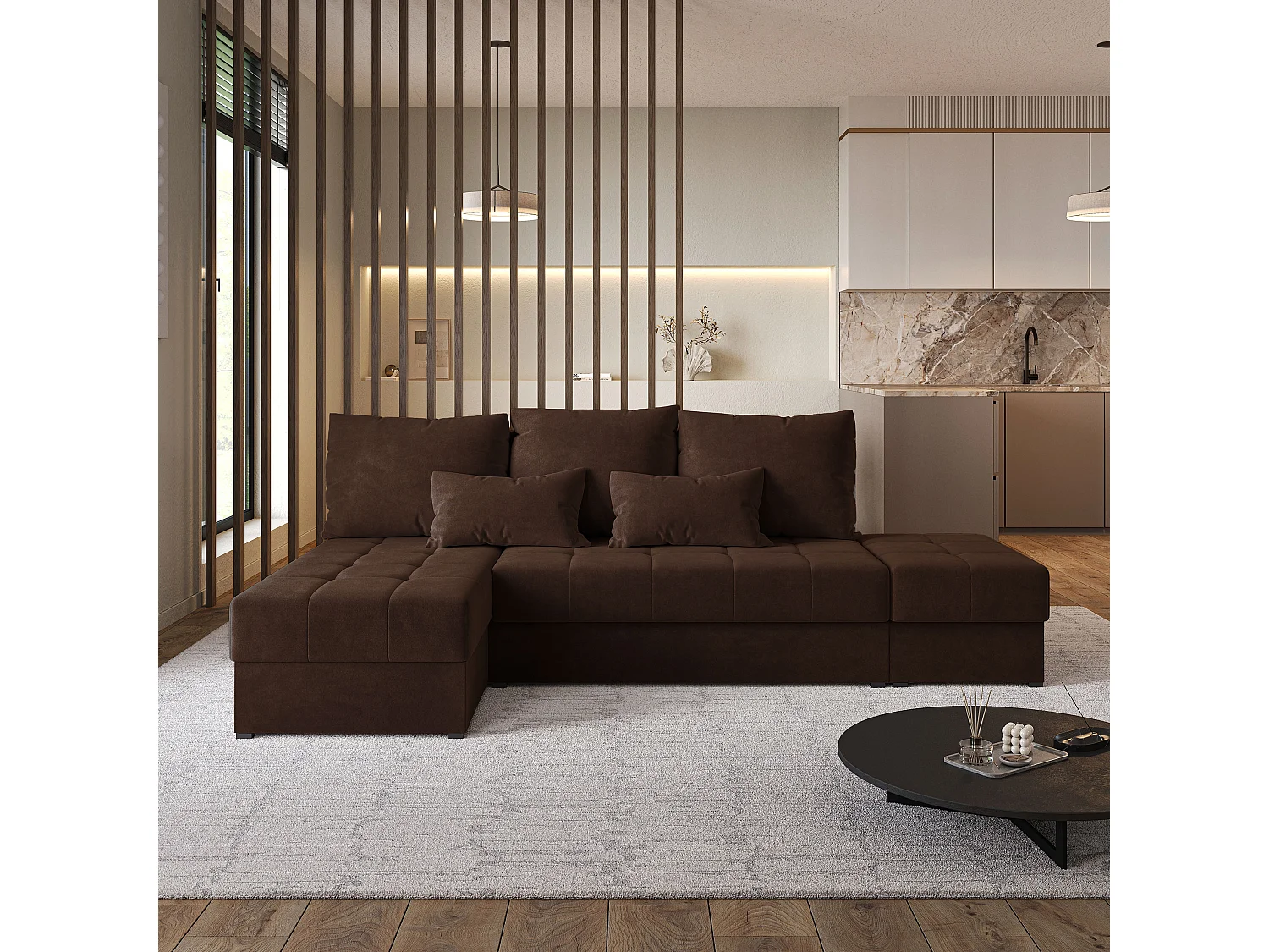 Hoekbank NORVI van fluweel met slaapfunctie Braun