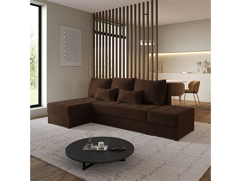 Hoekbank NORVI van fluweel met slaapfunctie Braun