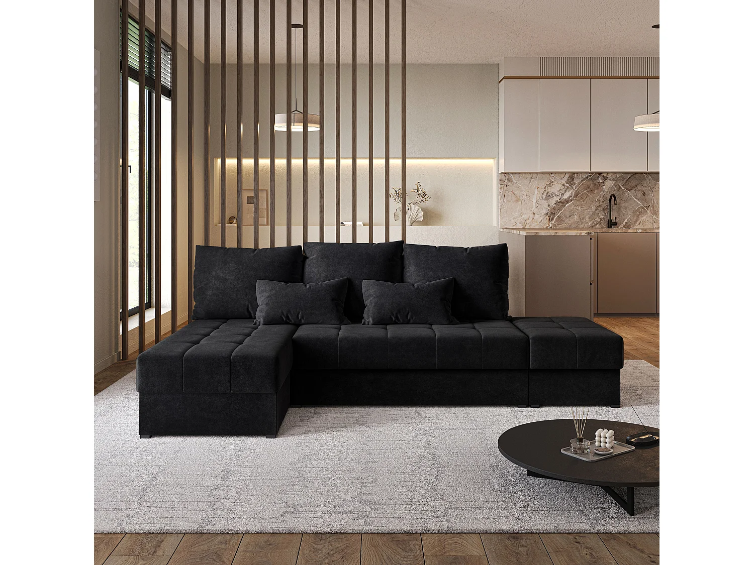 Hoekbank NORVI van fluweel met slaapfunctie Schwarz