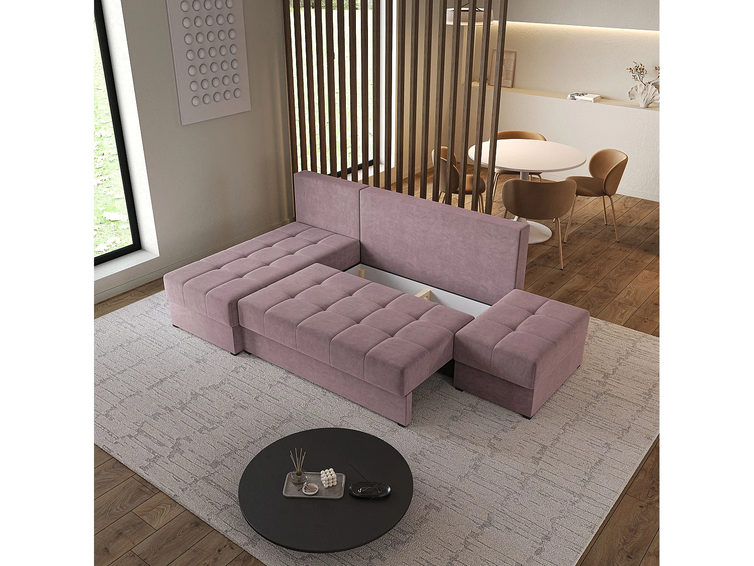Hoekbank NORVI van fluweel met slaapfunctie Rosa