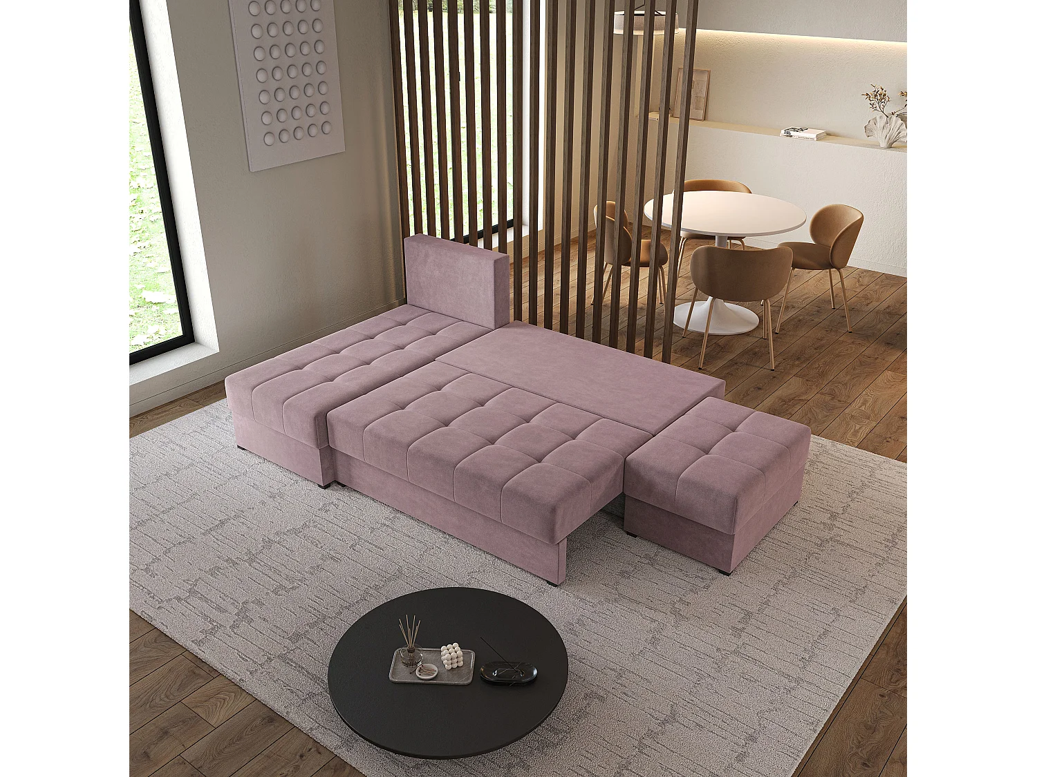 Hoekbank NORVI van fluweel met slaapfunctie Rosa