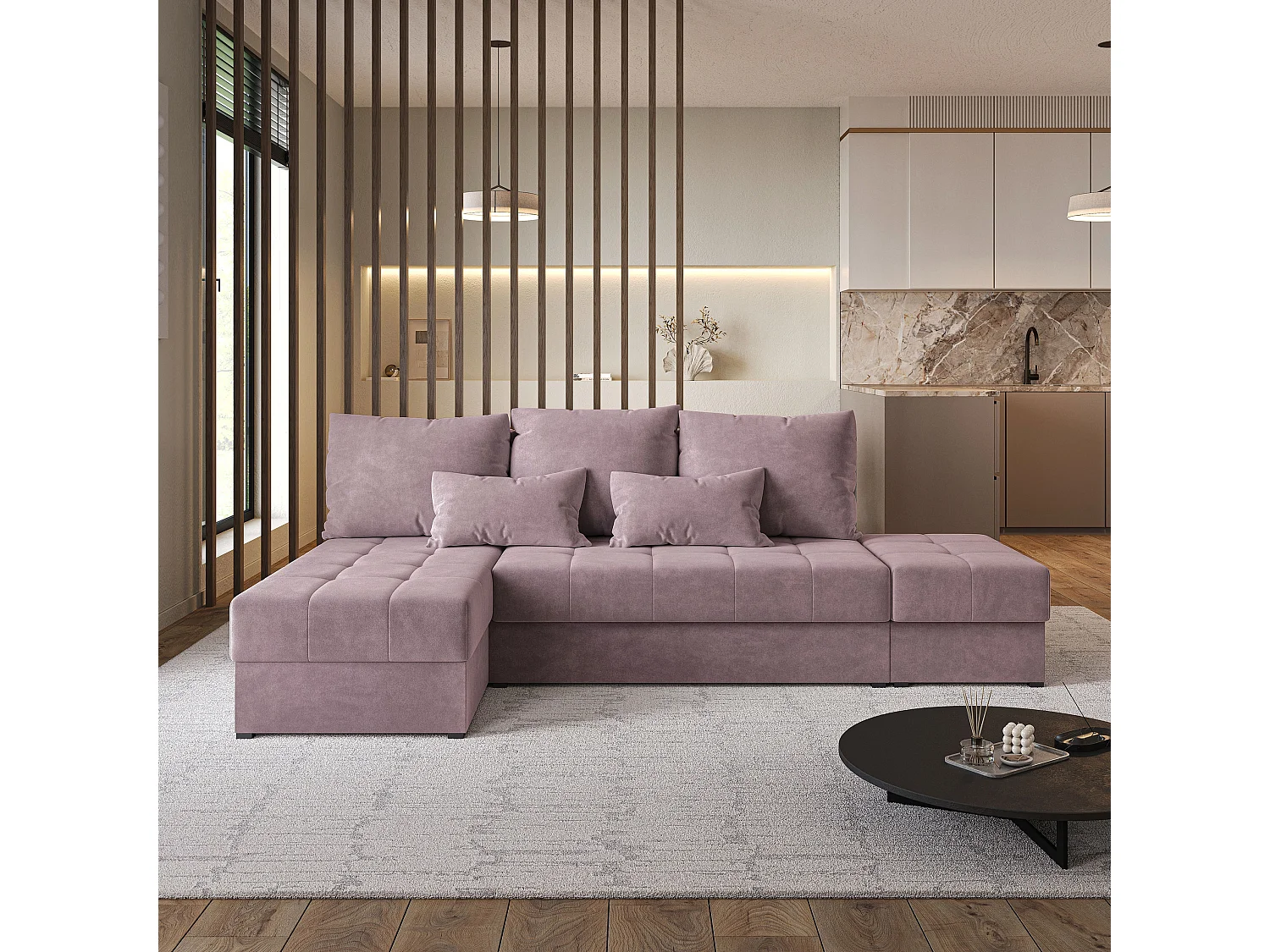 Hoekbank NORVI van fluweel met slaapfunctie Rosa
