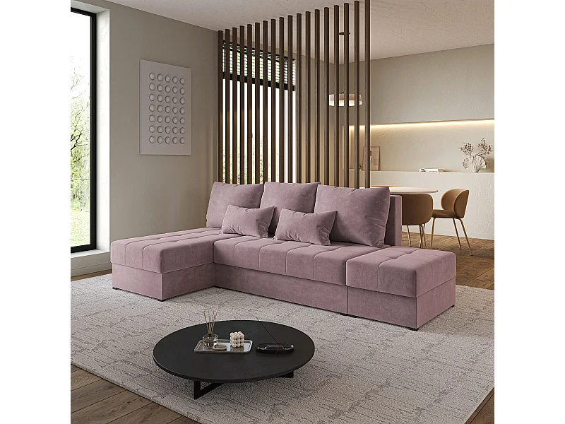 Hoekbank NORVI van fluweel met slaapfunctie Rosa