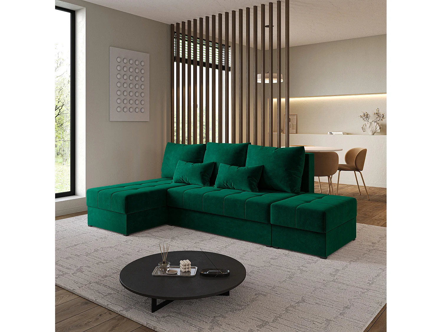 Hoekbank NORVI van fluweel met slaapfunctie Grün
