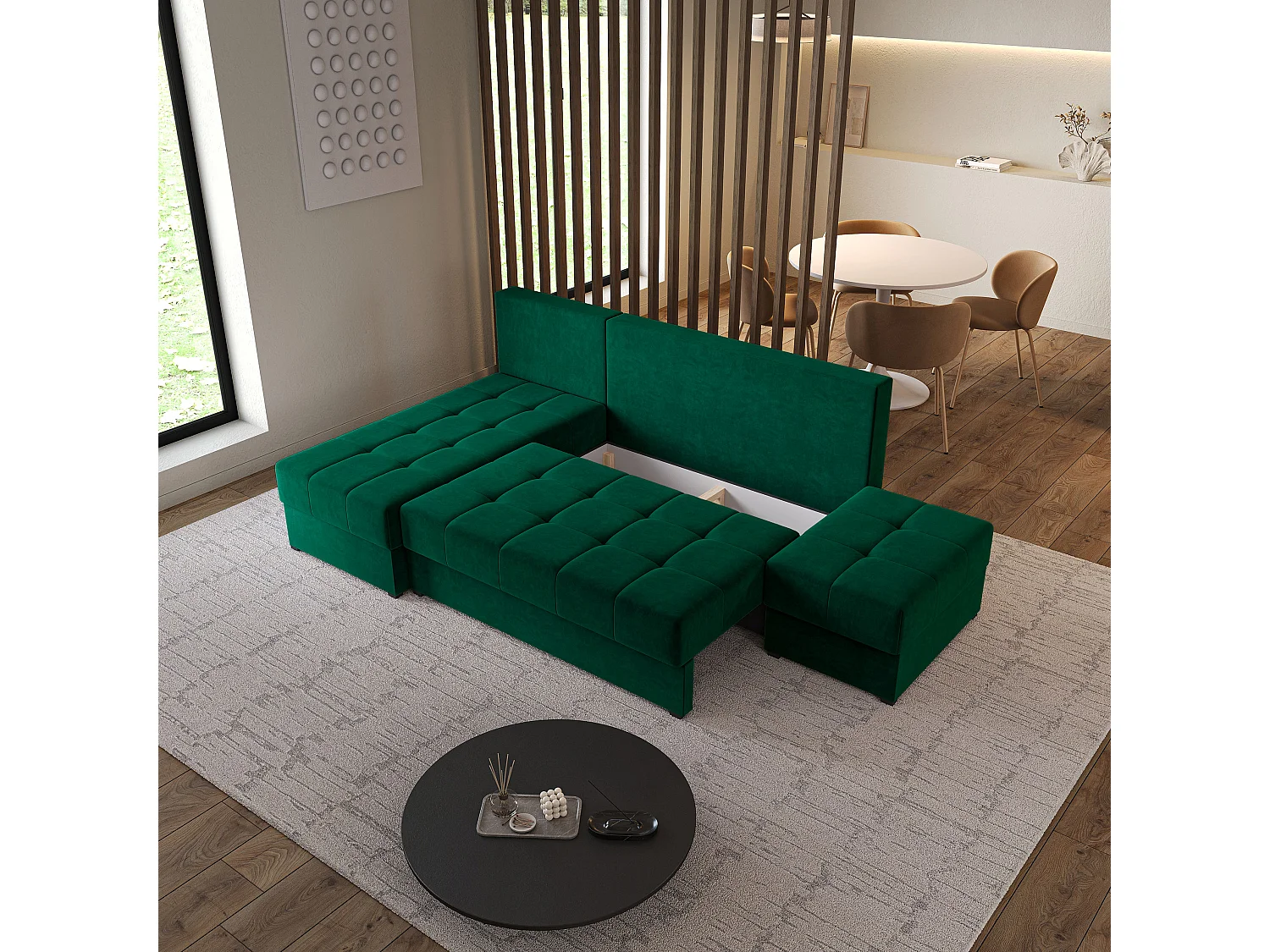 Hoekbank NORVI van fluweel met slaapfunctie Grün