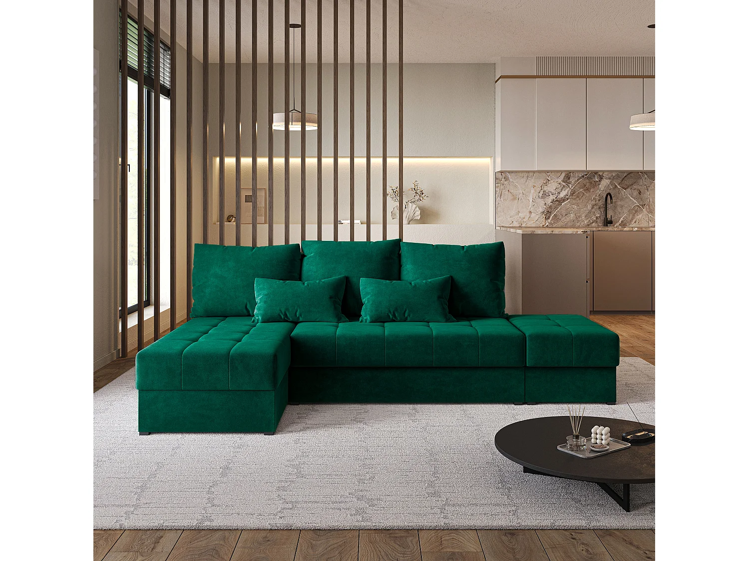Hoekbank NORVI van fluweel met slaapfunctie Grün