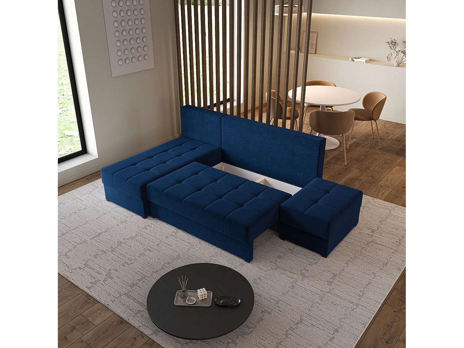 Hoekbank NORVI van fluweel met slaapfunctie Blau
