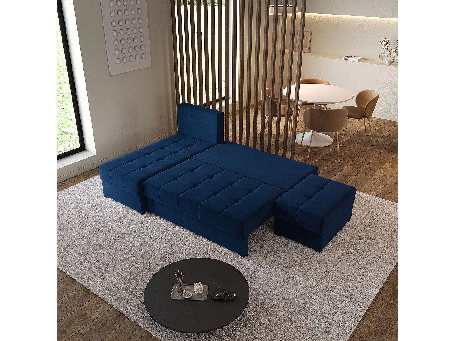 Hoekbank NORVI van fluweel met slaapfunctie Blau