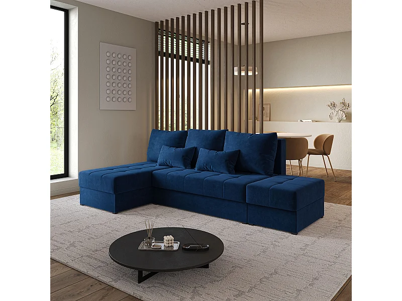 Hoekbank NORVI van fluweel met slaapfunctie Blau