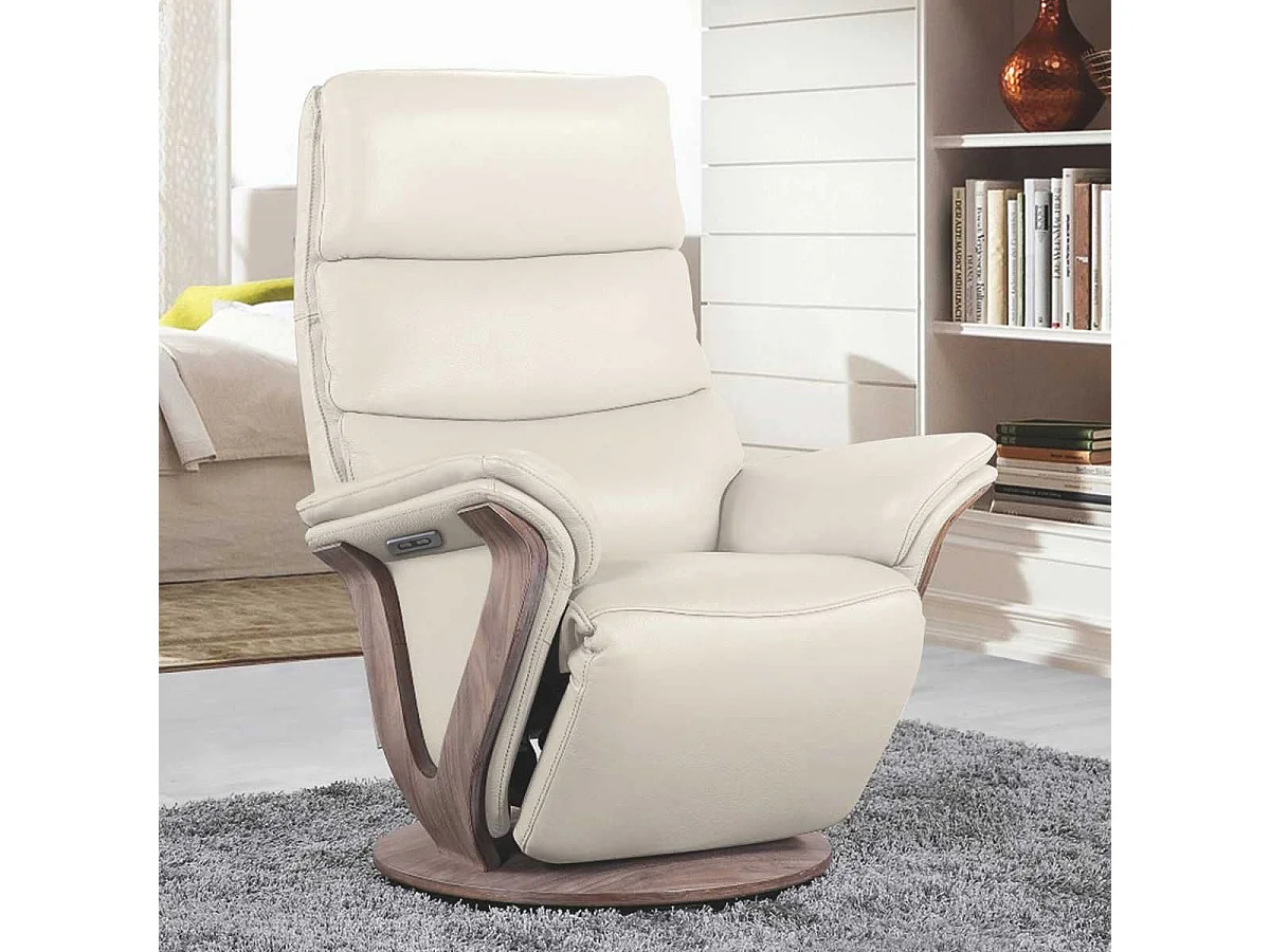 Fauteuil relax électrique pivotant bi-moteur en cuir/pvc couleur mastic pied en bois. - HOLLY