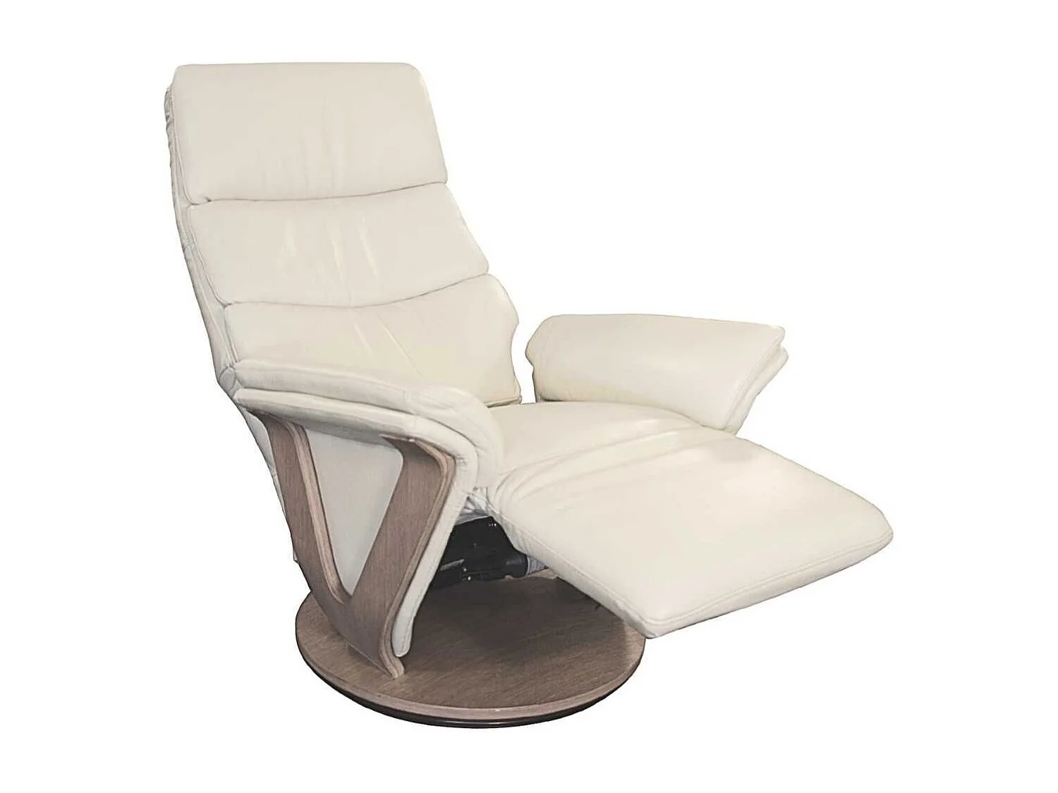 Fauteuil relax électrique pivotant bi-moteur en cuir/pvc couleur mastic pied en bois. - HOLLY