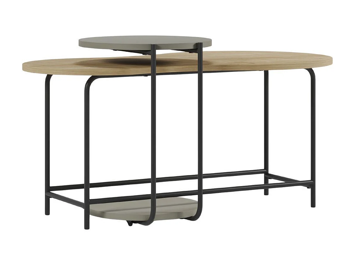 Tables basses gigogne 1 ovale plateau imitation bois et 1 ronde plateau vert sauge piètement métal noir - RHEA