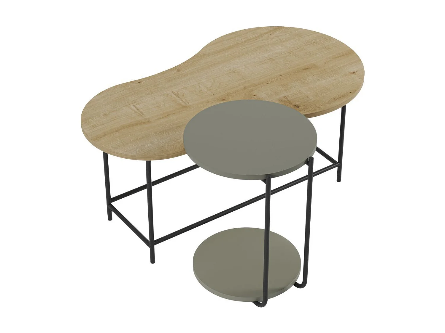 Tables basses gigogne 1 ovale plateau imitation bois et 1 ronde plateau vert sauge piètement métal noir - RHEA