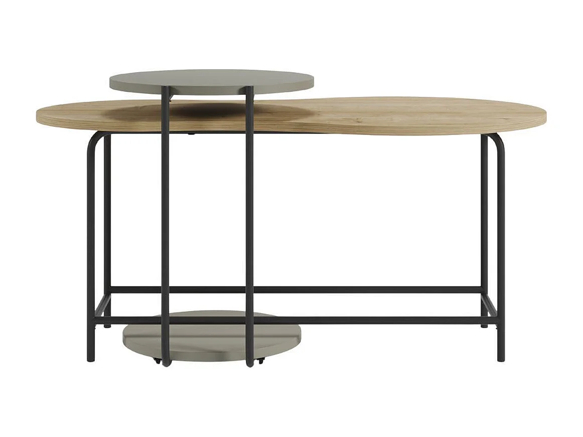 Tables basses gigogne 1 ovale plateau imitation bois et 1 ronde plateau vert sauge piètement métal noir - RHEA