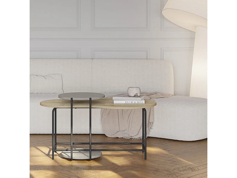 Tables basses gigogne 1 ovale plateau imitation bois et 1 ronde plateau vert sauge piètement métal noir - RHEA