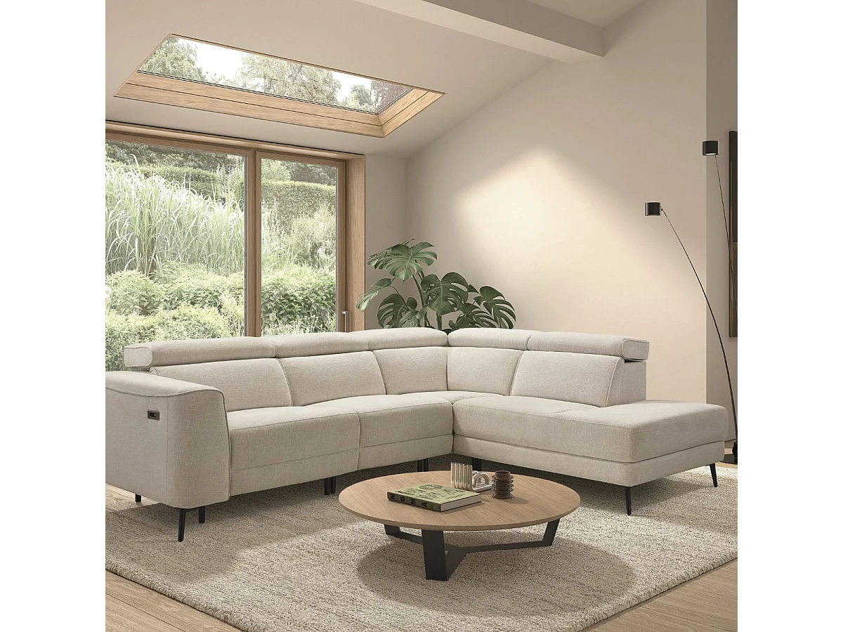 Canapé d'angle droit avec 2 places relax électrique tissu beige - BAMAKO