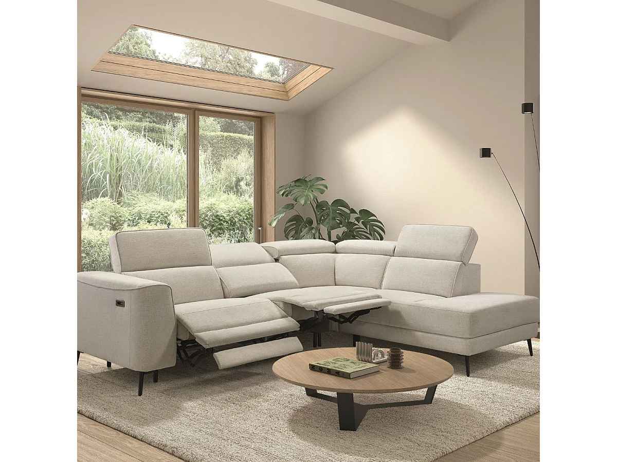 Canapé d'angle droit avec 2 places relax électrique tissu beige - BAMAKO