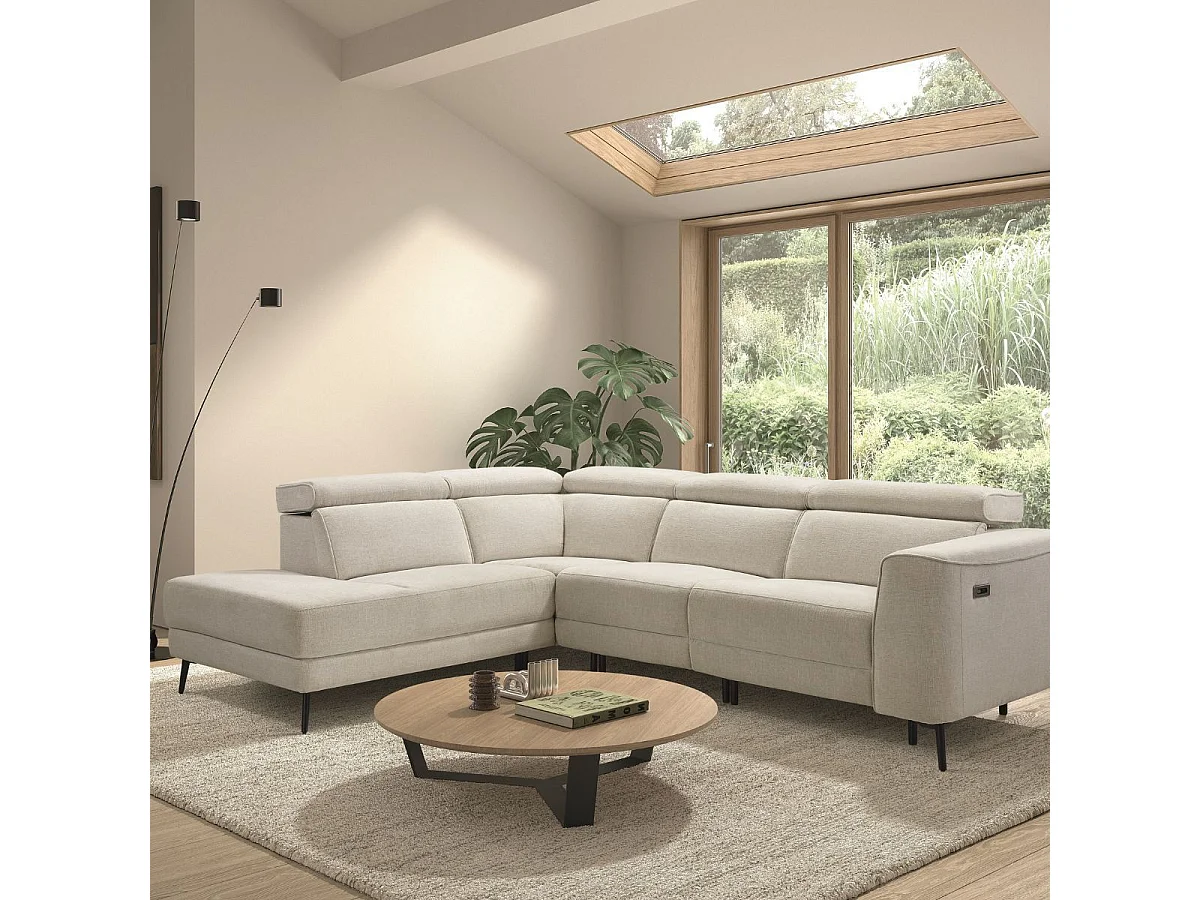 Canapé d'angle gauche avec 2 places relax électrique tissu beige - BAMAKO