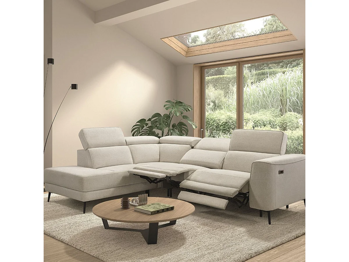 Canapé d'angle gauche avec 2 places relax électrique tissu beige - BAMAKO