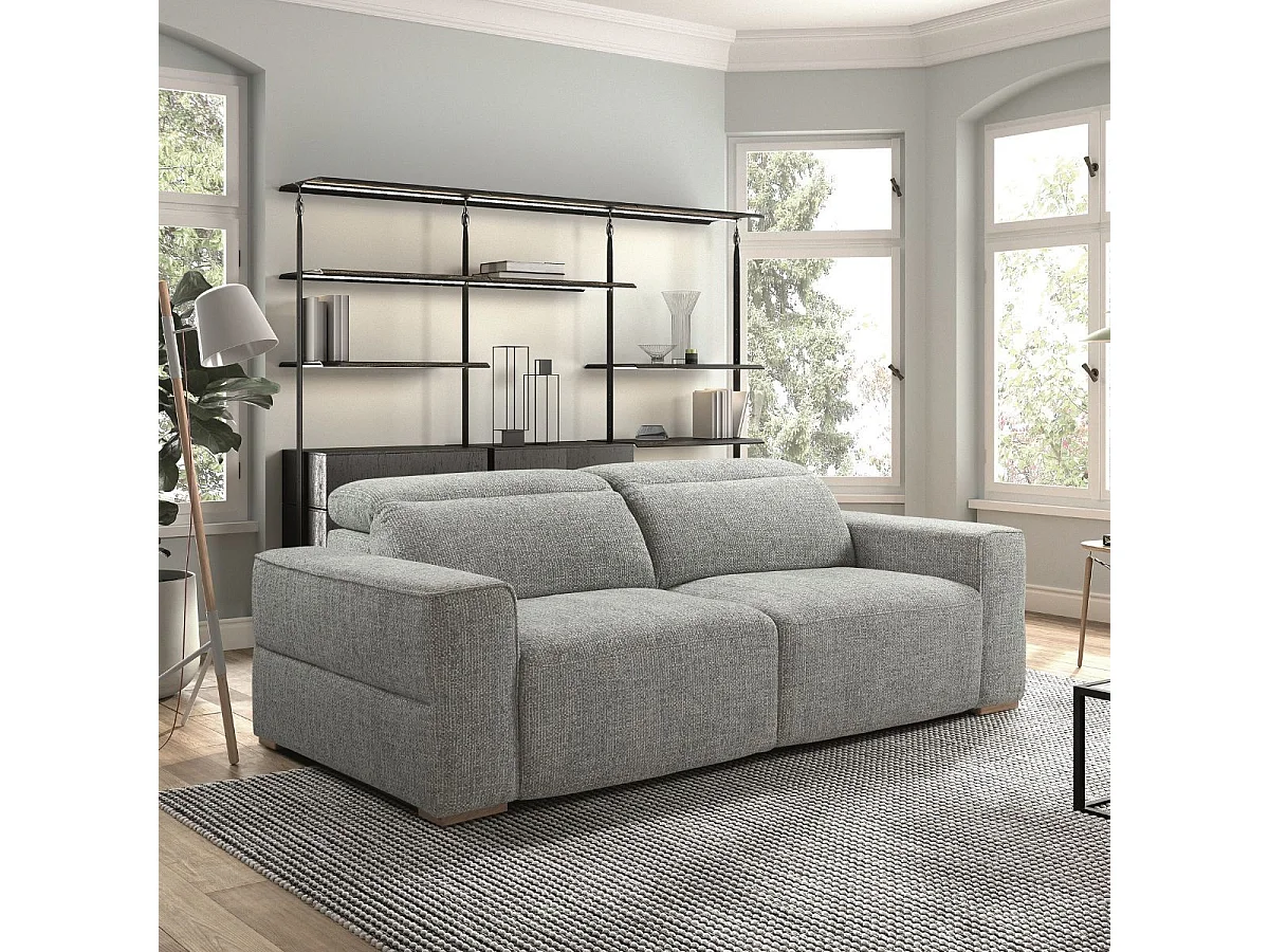 Canapé 3 places assises coulissantes électriques en tissu bouclé bleu-gris - HAVANA