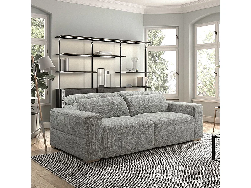 Canapé 3 places assises coulissantes électriques en tissu bouclé bleu-gris - HAVANA