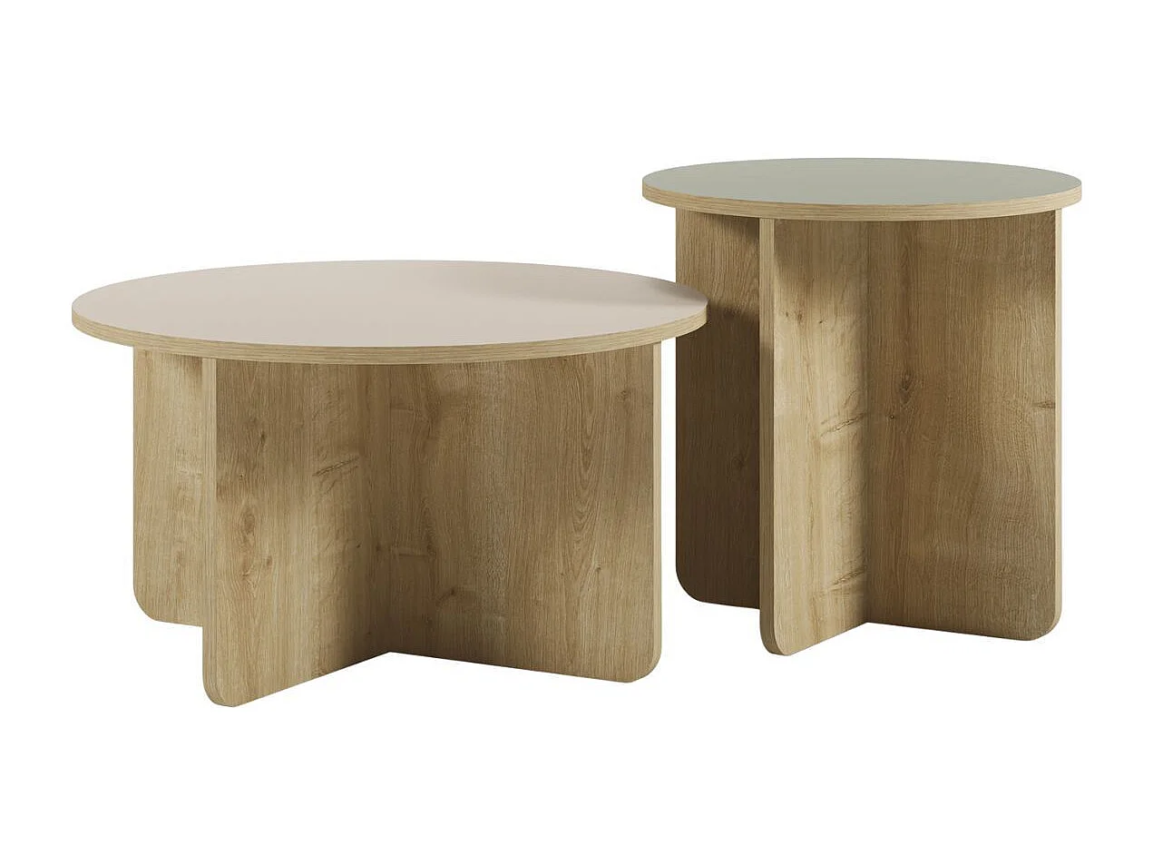 Ensemble tables basses 1 table Ø70 plateau beige et 1 table Ø50 plateau vert sauge piètement imitation bois - HESTIA
