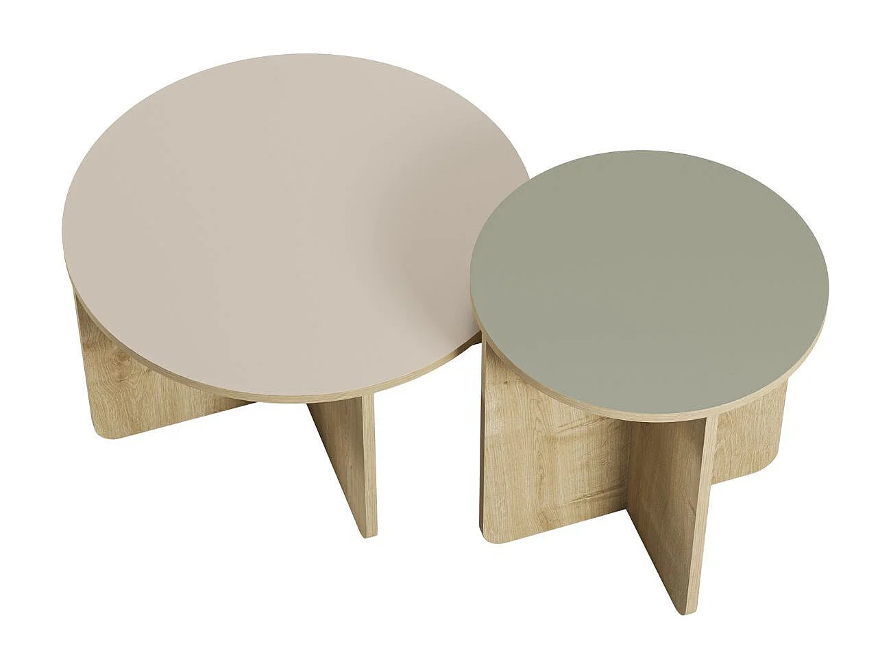 Ensemble tables basses 1 table Ø70 plateau beige et 1 table Ø50 plateau vert sauge piètement imitation bois - HESTIA