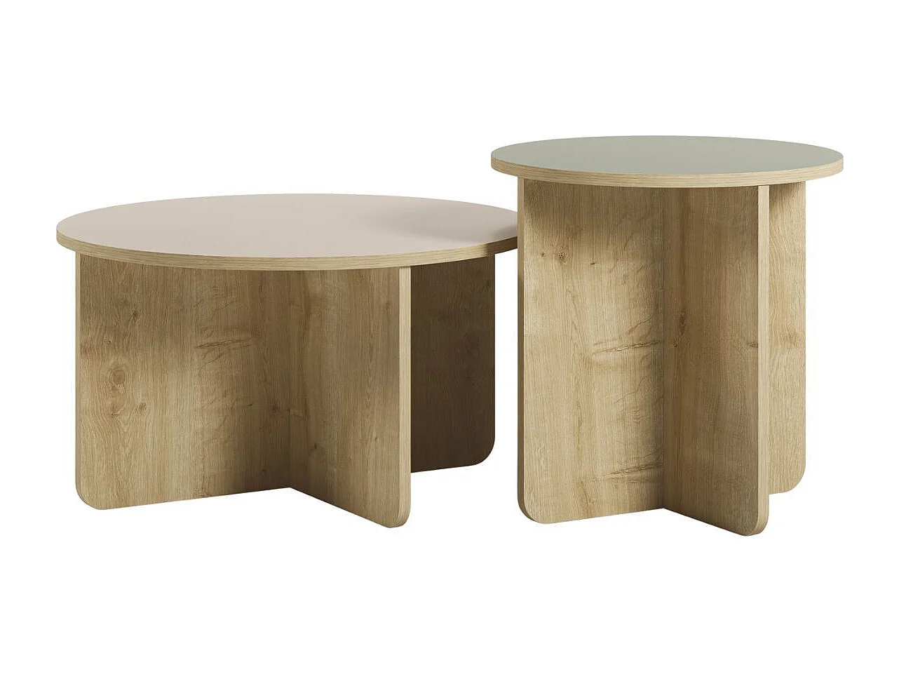 Ensemble tables basses 1 table Ø70 plateau beige et 1 table Ø50 plateau vert sauge piètement imitation bois - HESTIA