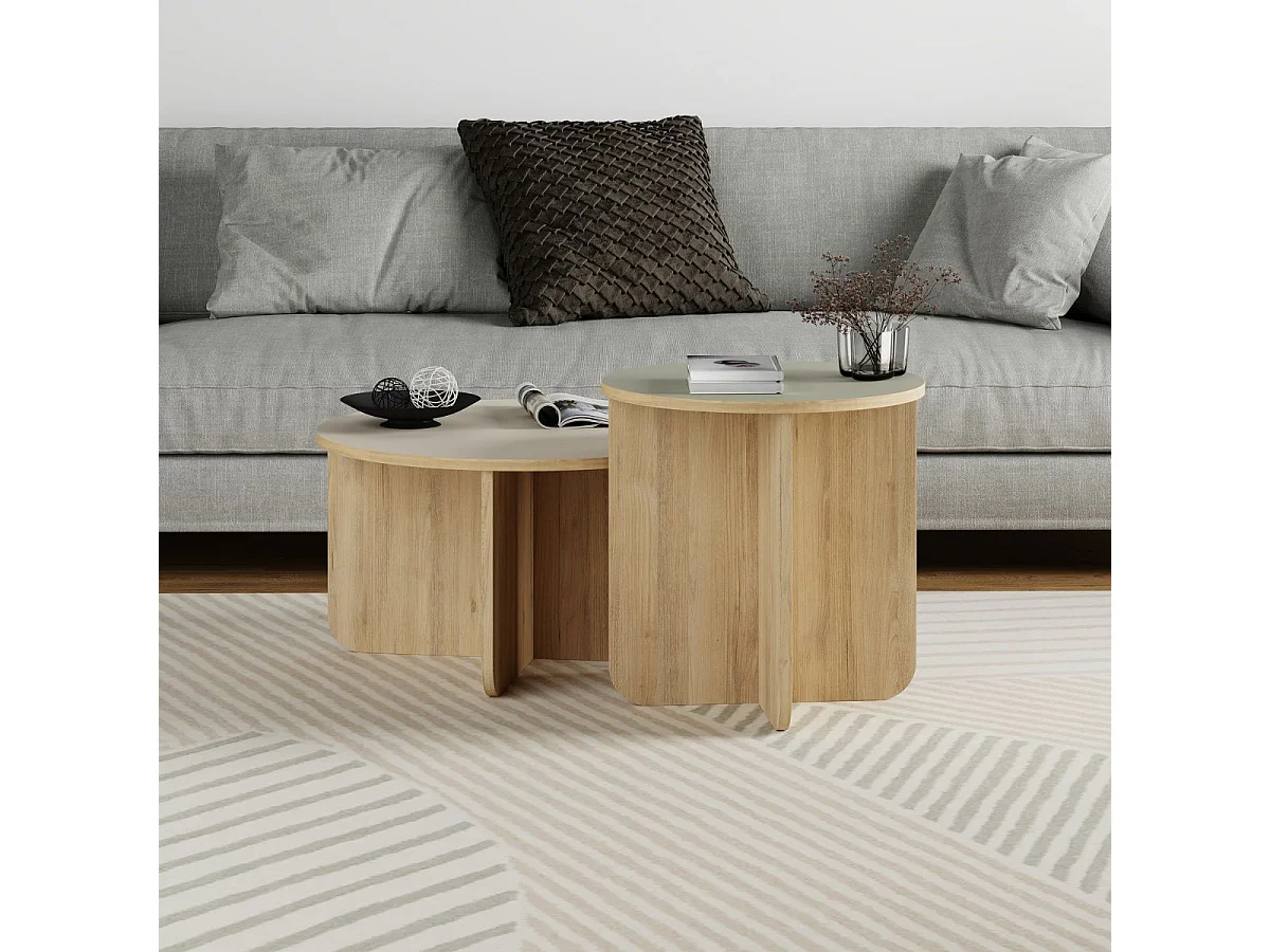 Ensemble tables basses 1 table Ø70 plateau beige et 1 table Ø50 plateau vert sauge piètement imitation bois - HESTIA