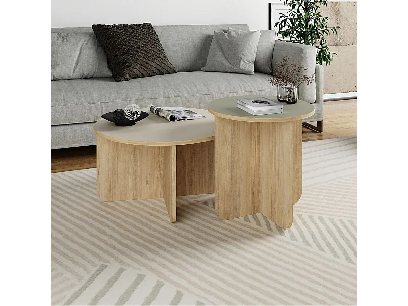 Ensemble tables basses 1 table Ø70 plateau beige et 1 table Ø50 plateau vert sauge piètement imitation bois - HESTIA